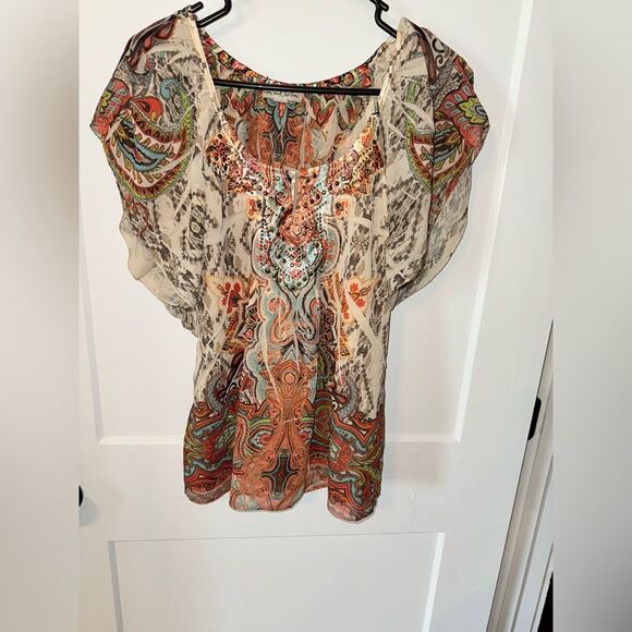 Live and Let Live Orange and Green Flutter Sleeve Blouse - Picture 1 of 4